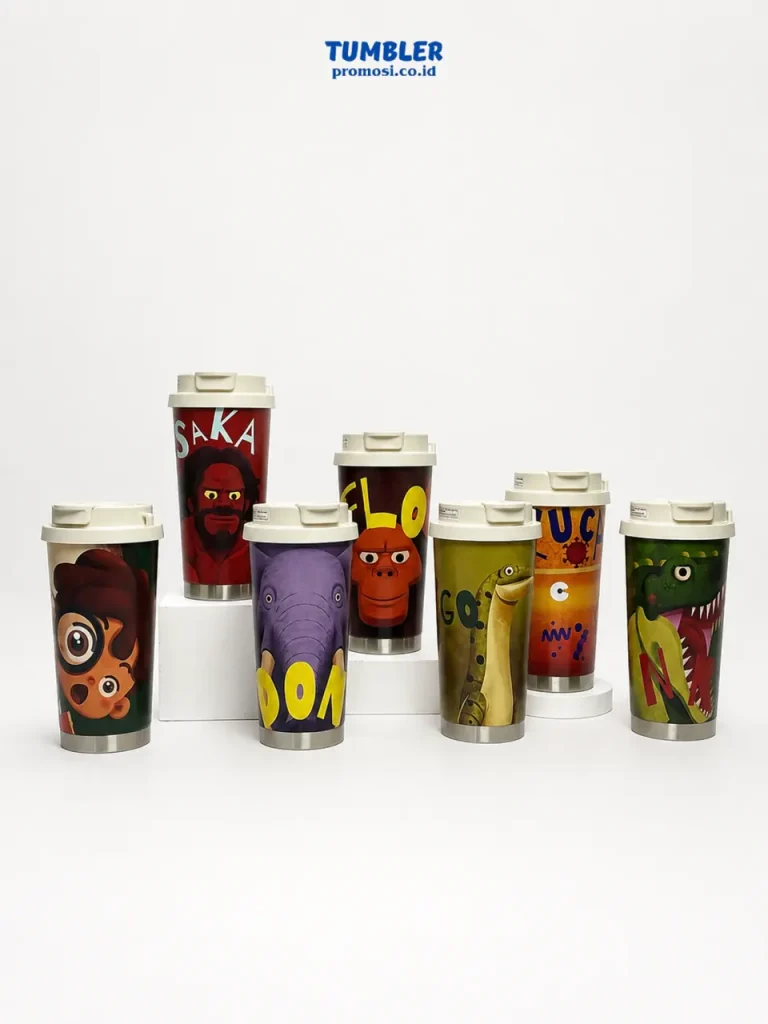 Berbagai model gelas dan botol tumbler custom dengan desain logo